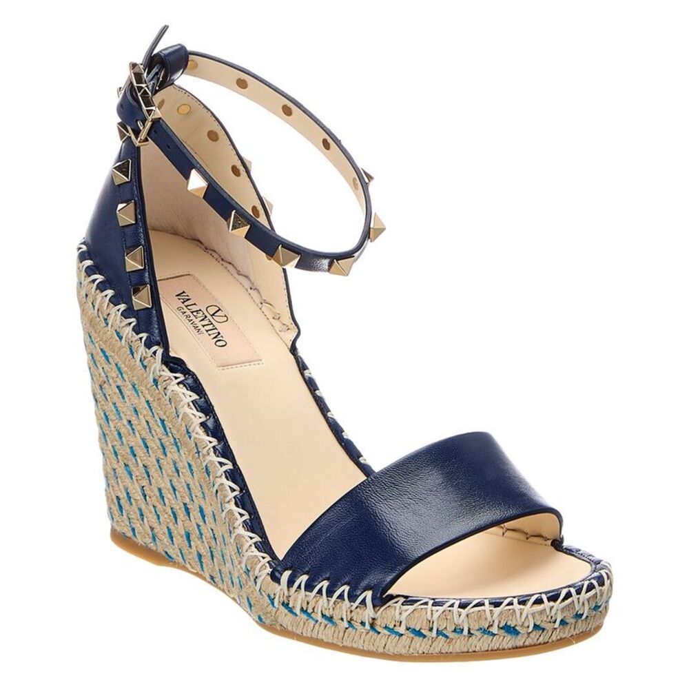 Valentino Rockstud Leather Wedge Sandal, Natural